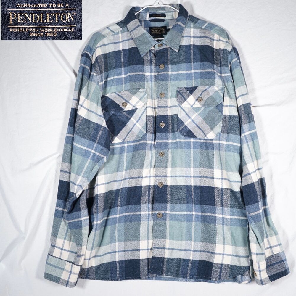 Pendleton Burnside Flannel Long Sleeve Button Up Shirt Blue Grey Plaid XL